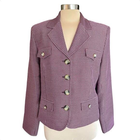 Juliana Collezione Wool Burgundy Geometric Jacqard Blazer Sz 14 Business Career - Picture 1 of 10
